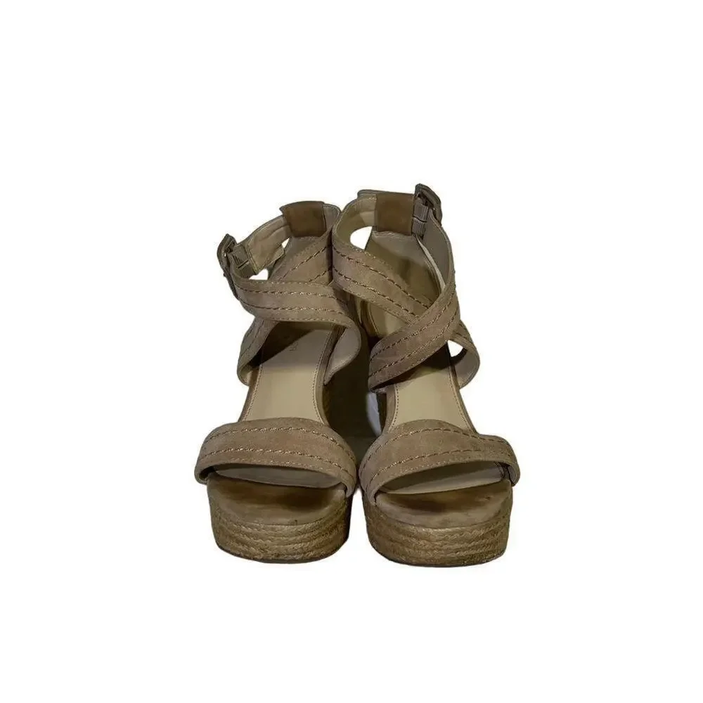 Marc Fisher Haely Nude Beige Suede Wedge Heel Espadrille Sandal Shoes Size 8